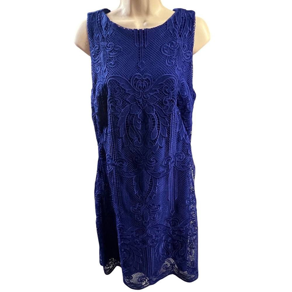Lauren Ralph Lauren Dress Womens 14 Royal Blue Floral Lace Sheath Cocktail New